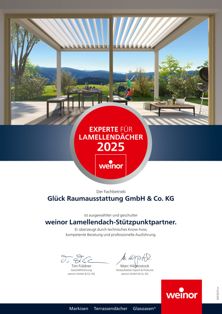 Urkunde Experte Weinor Lamellendach 2025 Glück Raumausstattung Weinor Dresden
